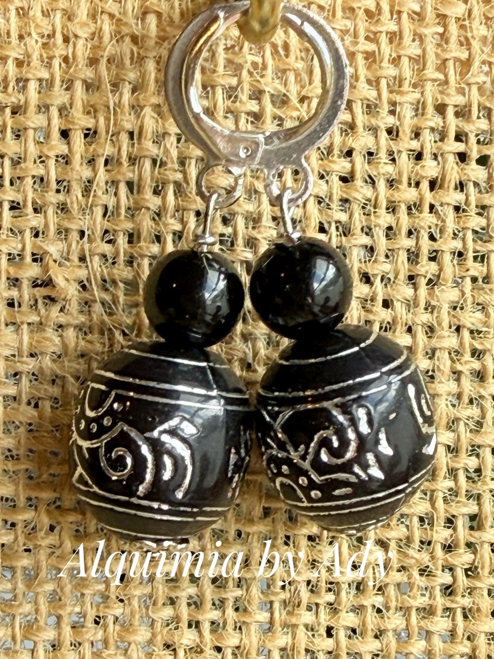 CHUNKY + ONYX + Black and Silver Engraved Drop Earrings